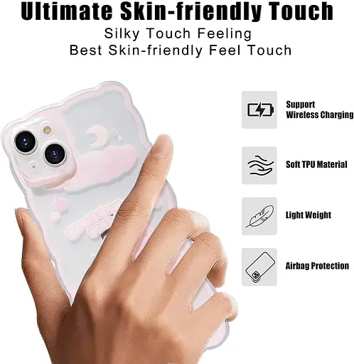 Чохол для iPhone 15 Plus Симпатичний мультфільм Квіткові хмари Місячний ведмідь Візерунок Дизайн Жінки Дівчата Kawaii Тонкий - фото 2