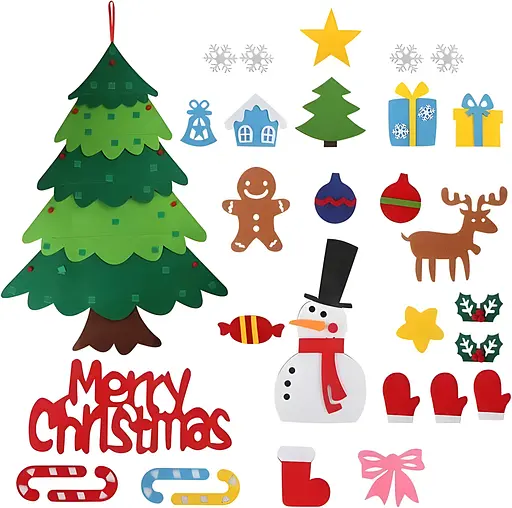 Новогодняя фетровая елка D32, 96 см - набор с 32 игрушками на липучках и диодной гирляндой - фото 3