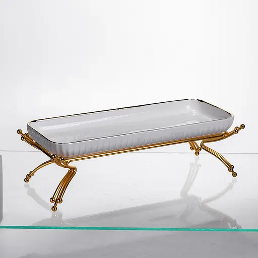 Фарфоровое сервировочное блюдо на металлической подставке 29.5×12×9 (см) блюдо для подачи закусок Белый с золотом Yiwu LB-1565G - фото 3