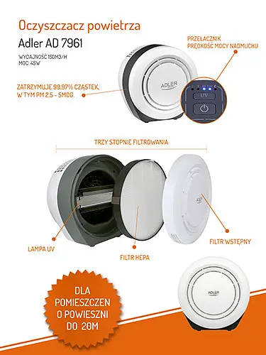 Воздухоочиститель Adler AD 7961, 45w, производительность 150 м³ / ч - фото 6