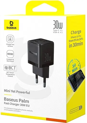 Мережевий зарядний пристрій Baseus Palm Fast Charger C+U 30W EU Чорний - фото 2