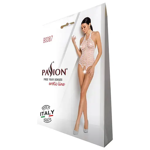 Бодистокинг в крупную сетку Passion BS087 white открытая спина халтер с доступом One size - фото 6