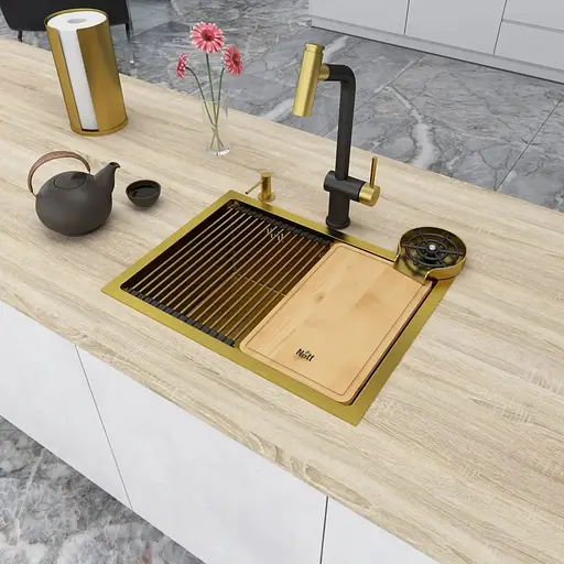 Золота мийка Nett NG-5742 під стільницю з нержавійки кухонна станція - фото 3