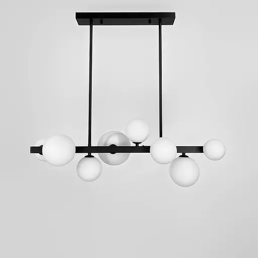 Видовжена чорна люстра-молекула на 8 білих плафонів 75 см Арт. AT 32 8L BK+WT Line F - фото 1