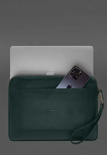 Кожаный чехол BlankNote для ноутбука на молнии с карманом и петлей на руку Зеленый - фото 2