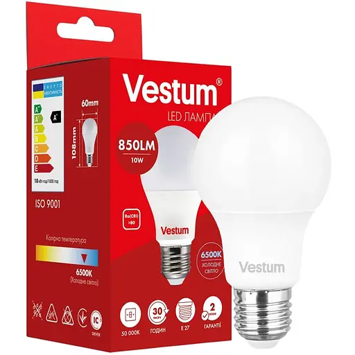 Світлодіодна лампа Vestum A60 10W 6500K 220V E27 1-VS-1114
