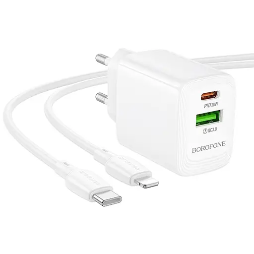 МЗП Borofone BN29 Fuente PD30W+QC3.0 (1USB-A/1C) + кабель Type-C to Lightning White - фото 4