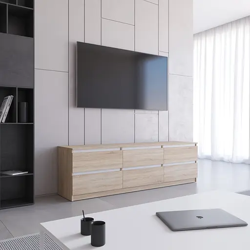 Тумба під телевізор Vays R-12 Дуб Сонома-Білі планки, 6 шухляд без ручок, ЛДСП, 180×40×53 см