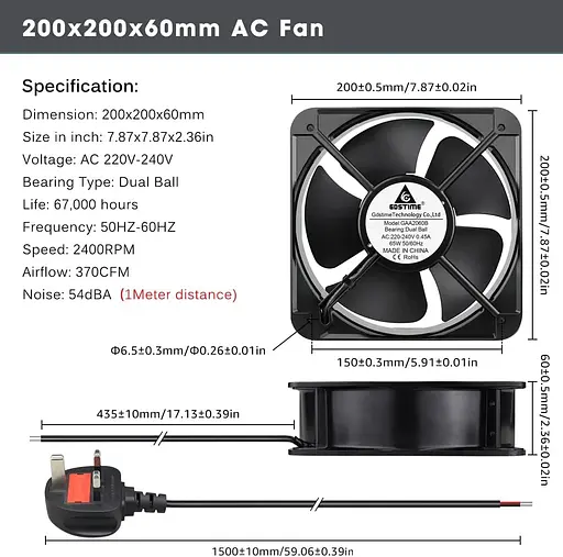 Осевой охлаждающий вентилятор GDSTIME 200 x 60 мм ОAC 220 V 240 V Dual Ball Industrial 370 CFM - фото 4