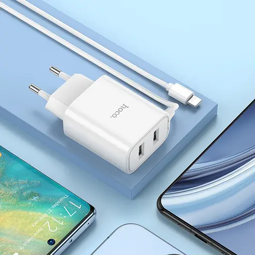 Зарядний пристрій Hoco C103A 2 USB білий з кабелем Lightning - фото 2