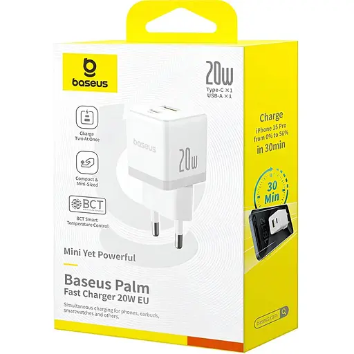Мережевий зарядний пристрій Baseus Palm Fast Charger C+U 20W EU Moon білий - фото 2