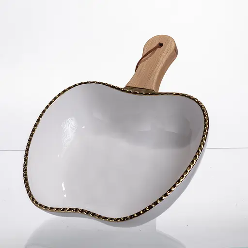 Тарелка фарфоровая глубокая с ручкой Яблоко 25×20×5 (см) сервировочное блюдо с ручкой для подачи тарелка сковорода Золото Yiwu ZJH-14-2 - фото 4