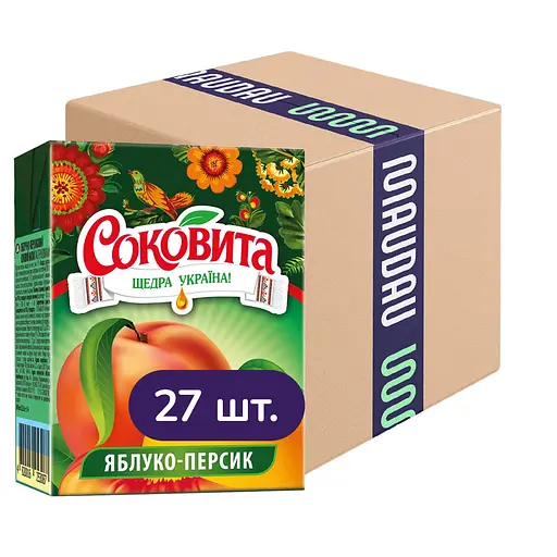 Упаковка сокового напою Соковита Яблуко-Персик з м'якоттю 5.4 л (200 мл х 27 шт.)