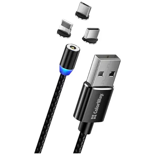 Кабель ColorWay USB - 3в1 Lightning + MicroUSB + Type-C Magnetic 2.4а 1м Black