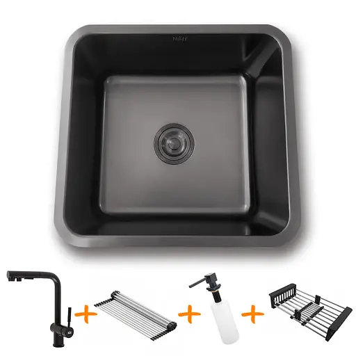 Комплект чорної кухонної мийки та змішувача з нержавіючої сталі NB-4643, Чорний - фото 1