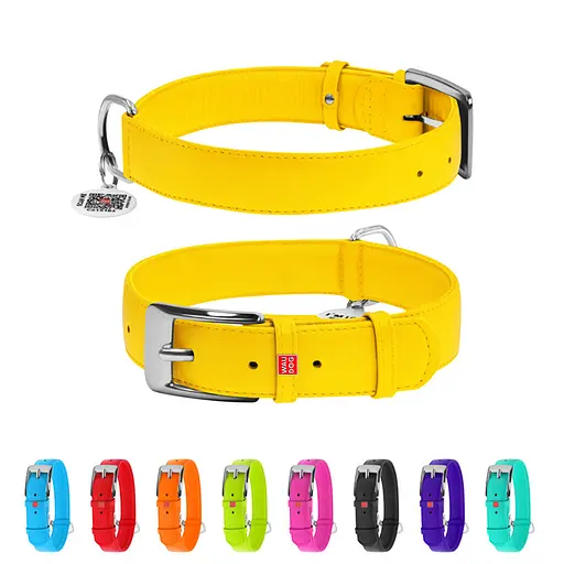 Нашийник для собак шкіряний Waudog Glamour з QR-паспортом без прикрас Ш 35 мм Д 46-60 см жовтий - фото 2