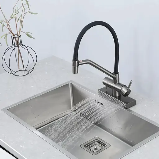 Змішувач для кухні з водоспадом гнучкий вилив збройована сталь Gappo G4098-9 Графітовий хром - фото 3