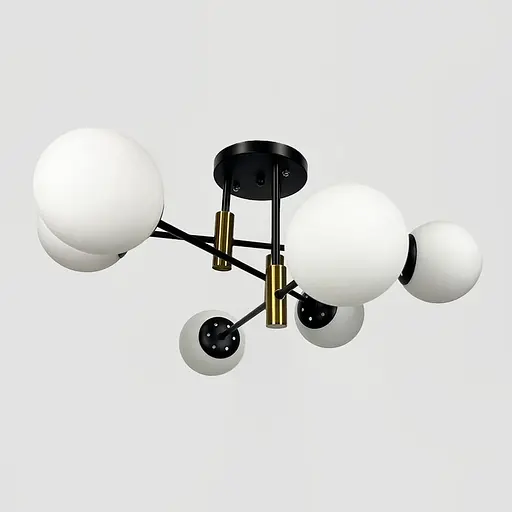 Стельова чорна люстра з латунною фурнітурою на 6 білих плафонів Ø 65 см | Line F | Арт. 81188/6 CP+BK+WT - фото 2