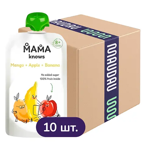 Упаковка пюре Mama knows из манго, яблок и бананов без сахара 900 г (90 г х 10 шт.)