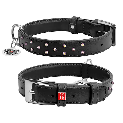 Ошейник для собак кожаный Waudog Glamour с QR-паспортом с клеевыми стразами Ш 25 мм Д 38-49 см черный