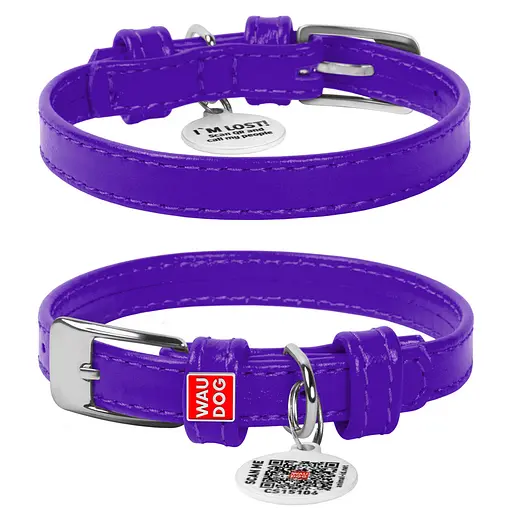 Нашийник для собак шкіряний Waudog Glamour з QR-паспортом без прикрас XS Ш 12 мм Д 21-29 см фіолетовий