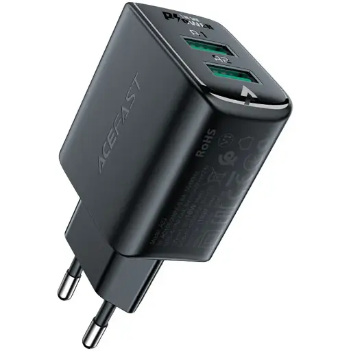 Мережевий зарядний пристрій Acefast A33 2 USB QC 18W чорний - фото 1