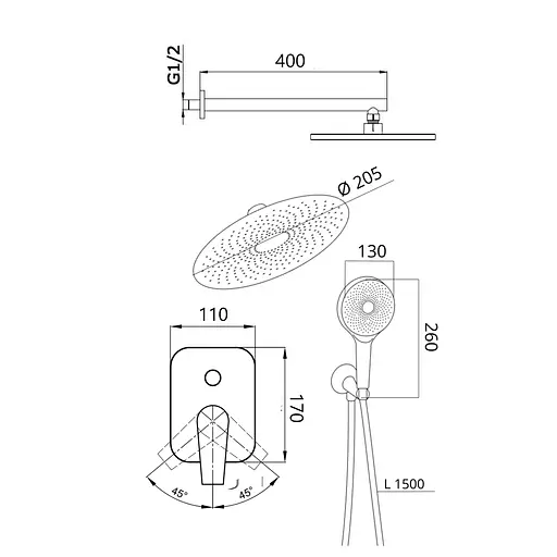 Душова система універсальна Qtap Slavonice прихованого монтажу на два споживача QTSLA113BLM45900 Black matt, Чорний матовий - фото 2