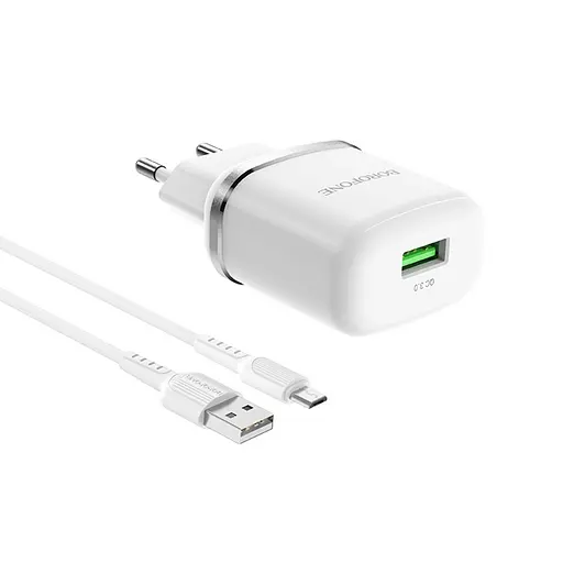 Зарядний пристрій Borofone BA36A USB QC 18W білий + кабель USB to MicroUSB - фото 1