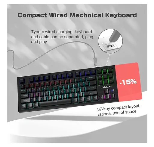 Клавіатура ігрова механічна Aula Mechanical F-3032 Black keycaps + 21 Yellow keys KRGD Red - фото 5