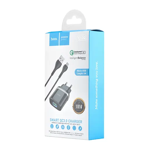 Сетевое зарядное устройство Hoco C12Q Smart QC3.0 charger set Micro (EU) Черный - фото 2