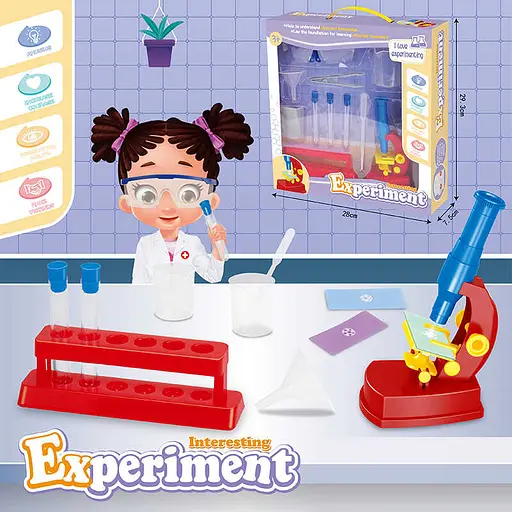 Набор химика W 610, пробирки, мерный стаканчик, очки, пинцет, лейка, микроскоп на батарейках, подсветка, в коробке (6967334050016) - фото 2