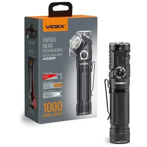 Фонарь ручной Videx A232R, Black, 1000 Лм, 5000K, до 140 м, 8 режимов работы, линзы из закаленного стекла, светодиод Luminus SST20/2xSMD2835, аккумулятор (Li-ion 18650 2200mA (VLF-A232R)