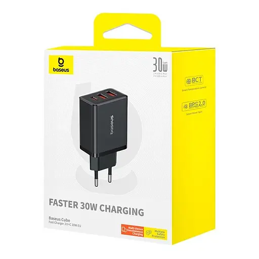Адаптер сетевой Baseus Cube Fast Charger 2USB/1Type-C, 30W/3A, PD/QC| - фото 2
