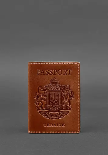 Кожаная обложка для паспорта с украинским гербом светло-коричневая - фото 5