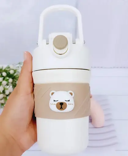 Термос детский  «Cute Bear» поилка с трубочкой нержавеющая сталь 420 мл Бежево-коричневый - фото 5