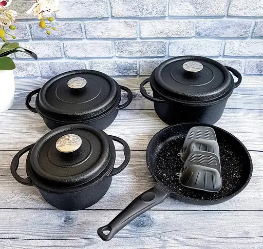 Набір каструль O.M.S. Collection 3050 з гранітно-мармуровим покриттям Чорний (Туреччина) - фото 5