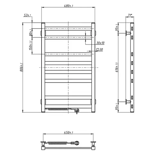 Рушникосушка електрична Авангард 480х800, ліва, чорний муар - фото 6