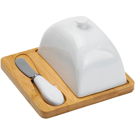 Масленка Yiwu фарфоровая 15х15х9 см с ножом и бамбуковой подставкой HP1255 - фото 1