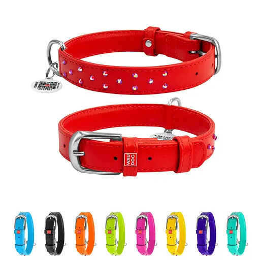Ошейник для собак кожаный Waudog Glamour с QR-паспортом с клеевыми стразами Ш 25 мм Д 38-49 см красный - фото 2