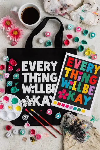 Набір екосумка-розмальовка "Everything will be okay" 38х42см чорна бавовна 200г/м2 ROSA Talent