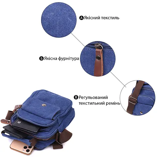 Зручна невелика чоловіча сумка із щільного текстилю Vintage 14,5х19х10,5 см sum0028980 - фото 4