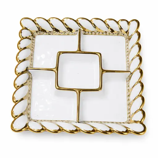 Менажница фарфоровая Yiwu Tiffany на 5 секций для закусок 30х30х4 см. тарелка квадратная для сервировки белая с золотом SX36-2 - фото 1