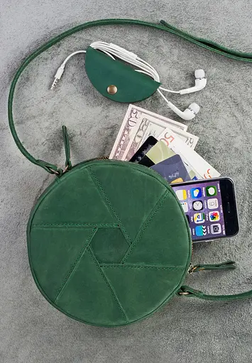 Шкіряна кругла жіноча сумка Бон-Бон зелена Crazy Horse - фото 2