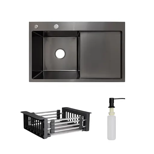 Кухонна мийка Lidz Handmade H7849BR інтегрована крило зправа BlackPVD у комплекті з дозатором та корзиною, Чорний - фото 1