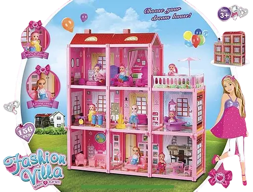 Будиночок 3 поверхи, меблі, лялька 10 см, 156 деталей, 63x17x65 см