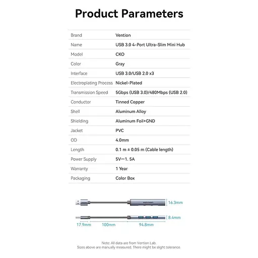 Хаб USB 3.0 - 1xUSB 3.0/3xUSB 2.0, 0,15 м, 5 Гбит/с, Grey Vention - фото 6