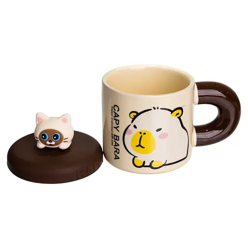 Чашка фарфоровая Капибара отдыхает 400 мл с крышкой и трубочкой FM-27A - фото 3