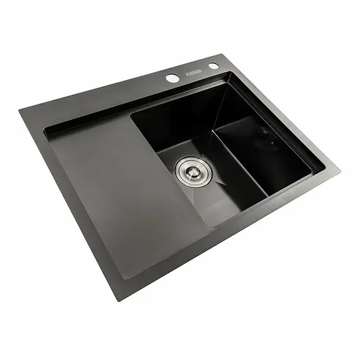 Кухонна мийка чорна PVD 58x48 R Platinum Handmade (два отвори, круглий сифон 3,0/0,8), Чорний - фото 4