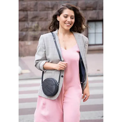 Кожаная круглая женская сумка Бон-Бон темно-синяя - фото 7