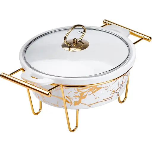 Мармітниця  Yiwu порцелянова кругла 1 л зі скляною кришкою золотий мармур HP1037 - фото 4